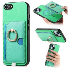 Custodia per iPhone 16e con inserto laterale in pelle con anello a croce retrò e tasca porta carte MagSafe (verde)