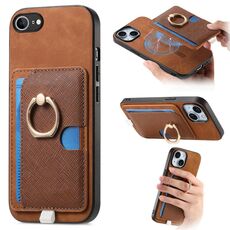 Custodia per iPhone 16e con inserto laterale in pelle con anello a croce retrò e tasca porta carte MagSafe (marrone)