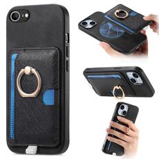 Custodia per iPhone 16e con inserto laterale in pelle con anello a croce retrò e tasca porta carte MagSafe (nera)