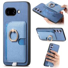 Custodia per telefono con inserto laterale in pelle con anello a croce retrò per Google Pixel 9a MagSafe (blu)