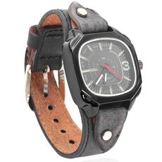 Orologio al quarzo in vera pelle quadrata in stile vintage, con cinturino regolabile, per lui e per lei, per donne e uomini (nero)