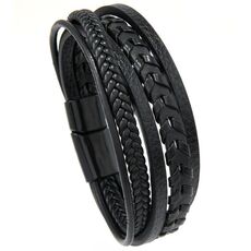 Bracciale da uomo in pelle intrecciata, elegante e minimalista, fatto a mano con chiusura magnetica (nero)