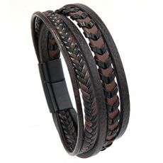 Bracciale da uomo in pelle intrecciata, elegante e minimalista, fatto a mano con chiusura magnetica (marrone scuro)