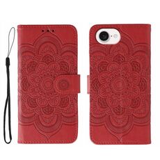 Custodia in pelle con stampa mandala solare per iPhone 16e (rossa)