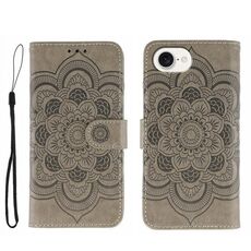 Custodia in pelle con stampa mandala solare per iPhone 16e (grigio)