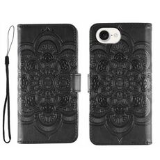 Custodia in pelle con stampa mandala solare per iPhone 16e (nera)