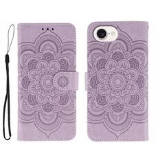 Custodia in pelle con stampa mandala solare per iPhone 16e (viola)
