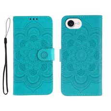 Custodia in pelle con stampa mandala solare per iPhone 16e (blu)