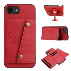 Custodia per iPhone 16e con doppia fibbia e slot per carte, in PU + TPU (rosso)
