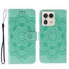 Custodia in pelle con motivo a rilievo Sun Mandala per Motorola Edge 50 Ultra (verde)
