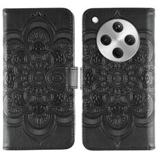 Custodia in pelle per telefono OPPO Find X8 con motivo a rilievo Sun Mandala (nero)