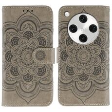 Custodia in pelle per telefono OPPO Find X8 Pro con motivo in rilievo Sun Mandala (grigio)