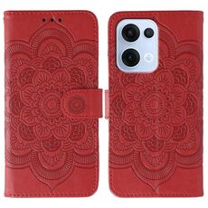 Custodia in pelle per telefono OPPO Reno13 con motivo in rilievo Sun Mandala (rosso)