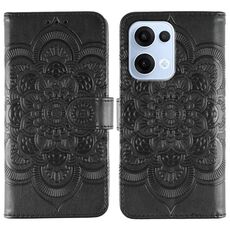 Custodia in pelle per telefono OPPO Reno13 con motivo in rilievo Sun Mandala (nero)