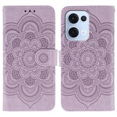 Custodia in pelle per telefono OPPO Reno13 con motivo a rilievo Sun Mandala (viola)