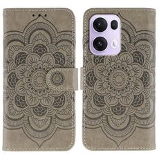 Custodia in pelle per telefono OPPO Reno13 Pro con motivo a rilievo Sun Mandala (grigio)