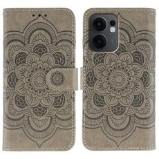 Custodia in pelle per telefono OPPO Reno13 F con motivo a rilievo Sun Mandala (grigio)