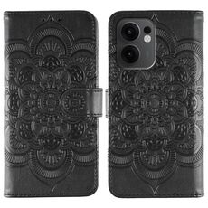 Custodia in pelle per telefono OPPO Reno13 F con motivo a rilievo Sun Mandala (nero)