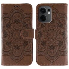 Custodia in pelle per telefono OPPO Reno13 F con motivo a rilievo Sun Mandala (marrone)
