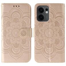 Custodia in pelle per telefono OPPO Reno13 F con motivo a rilievo Sun Mandala (oro rosa)