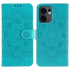 Custodia in pelle per telefono OPPO Reno13 F con motivo in rilievo Sun Mandala (blu)
