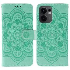 Custodia in pelle per telefono OPPO Reno13 F con motivo in rilievo Sun Mandala (verde)