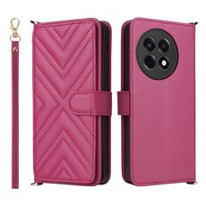 Custodia in pelle multifunzione con 6 slot per schede per OnePlus Ace 5 / Ace 5 Pro 5G / 13R 5G con cinturino da polso (rosso rosa)