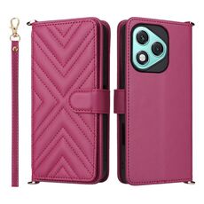 Custodia in pelle multifunzione con 6 slot per schede per Honor 400 Lite 5G e cinturino da polso (rosso rosa)