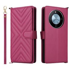 Custodia in pelle per Honor X60 5G / X9c, multifunzione, intelligente, con 6 slot per schede e cinturino da polso (rosso rosa)