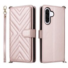 Custodia in pelle multifunzione con 6 slot per schede per Samsung Galaxy A26 5G e cinturino da polso (rosa)
