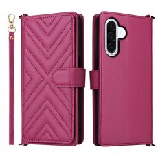 Custodia in pelle multifunzione con 6 slot per schede per Samsung Galaxy A26 5G e cinturino da polso (rosso rosa)