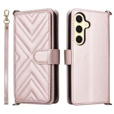 Custodia in pelle multifunzione con 6 slot per schede per Samsung Galaxy S25+ 5G e cinturino da polso (rosa)