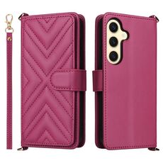 Custodia in pelle multifunzione con 6 slot per schede per Samsung Galaxy S25+ 5G e cinturino da polso (rosso rosa)
