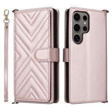 Custodia in pelle multifunzione con 6 slot per schede per Samsung Galaxy S25 Ultra 5G e cinturino da polso (rosa)
