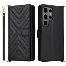 Custodia in pelle multifunzione con 6 slot per schede per Samsung Galaxy S25 Ultra 5G e cinturino da polso (nera)