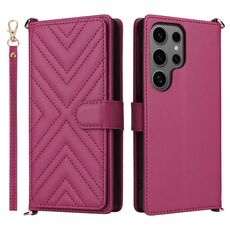 Custodia in pelle multifunzione con 6 slot per schede per Samsung Galaxy S25 Ultra 5G e cinturino da polso (rosso rosa)