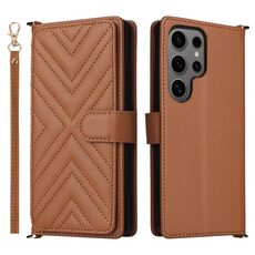 Custodia in pelle multifunzione con 6 slot per schede per Samsung Galaxy S25 Ultra 5G e cinturino da polso (marrone)