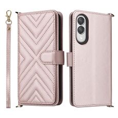Custodia in pelle multifunzione con 6 slot per schede per Samsung Galaxy S25 Edge 5G e cinturino da polso (rosa)