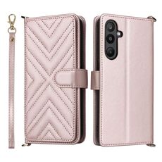 Custodia in pelle multifunzione con 6 slot per schede per Samsung Galaxy M16 5G / F16 5G e cinturino da polso (rosa)