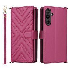 Custodia in pelle multifunzione con 6 slot per schede per Samsung Galaxy M16 5G / F16 5G e cinturino da polso (rosso rosa)