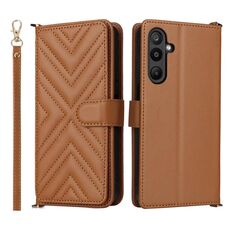 Custodia in pelle multifunzione con 6 slot per schede e cinturino da polso per Samsung Galaxy M16 5G / F16 5G (marrone)