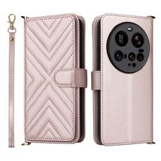 Custodia in pelle per telefono Xiaomi 15 Ultra multifunzionale con 6 slot per carte e cinturino da polso (rosa)