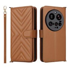 Custodia in pelle per telefono Xiaomi 15 Ultra multifunzionale con 6 slot per carte e cinturino da polso (marrone)