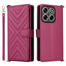 Custodia in pelle multifunzione con 6 slot per schede per ZTE Blade V70 4G e cinturino da polso (rosso rosa)
