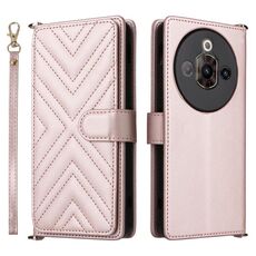 Custodia in pelle multifunzione con 6 slot per schede per ZTE Nubia Focus Pro 5G e cinturino da polso (rosa)