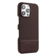 Custodia per iPhone 16 Pro Max in PU ibrida con rivestimento in tessuto con cuciture MagSafe e magnete per PC (marrone scuro)
