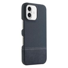 Custodia per iPhone 16 Plus in PU ibrida con rivestimento in tessuto con cuciture e magnete MagSafe (blu scuro)
