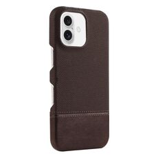 Custodia per iPhone 16 in PU ibrida con rivestimento in tessuto con cuciture MagSafe e magnete per PC (marrone scuro)