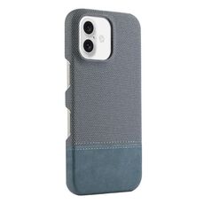 Custodia per iPhone 16 in PU ibrida con rivestimento in tessuto con cuciture MagSafe e magnete per PC (blu ciano)