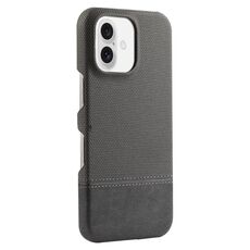 Custodia per iPhone 16 in PU ibrida con rivestimento in tessuto con cuciture MagSafe e magnete (grigio)